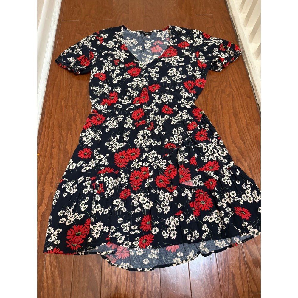 Madewell Floral V-Neck Tiered Mini Dress Navy Red White Daisy Print Size 10